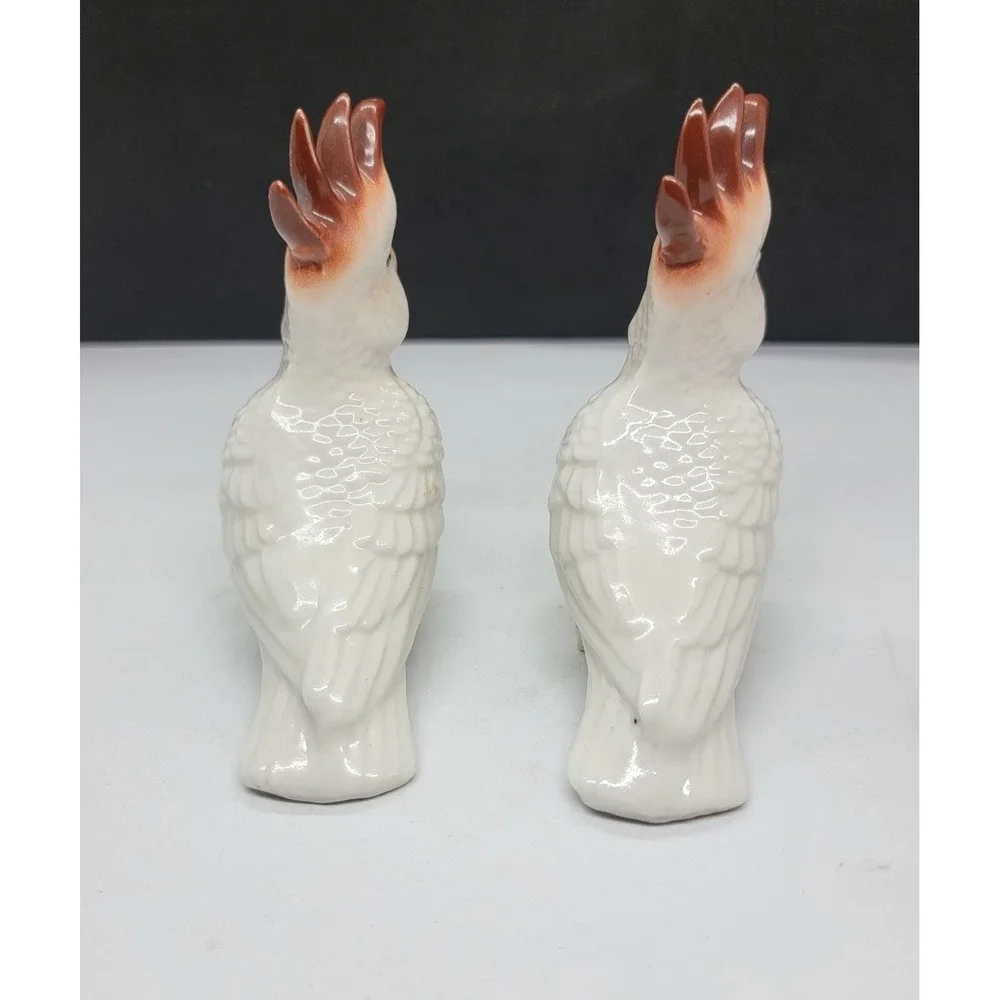 Two Vintage China White Brown Feather Crown Cockatoo Figurines